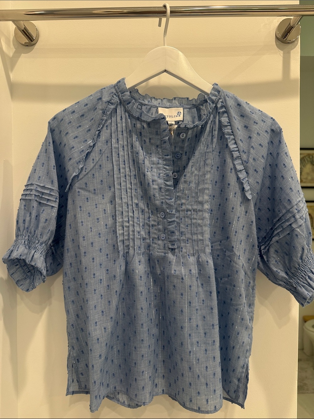 NWT Carolina Light Blue Swiss Dot Pintuck Blouse
